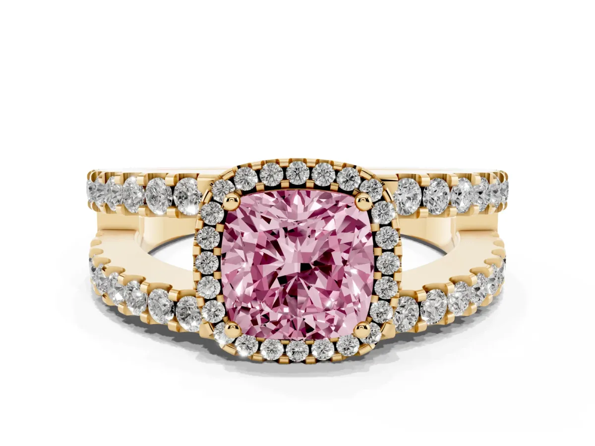 Fancy Pink Cushion Cut Cut Halo Split Shank Diamond Ring with Four-Prong Setting Yellow gold