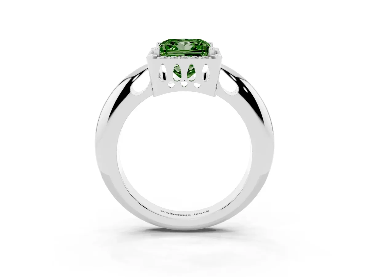 Fancy Green Princess Cut Cut Diamond Halo Engagement Ring with Split Shank and Four-Prong Setting Silver