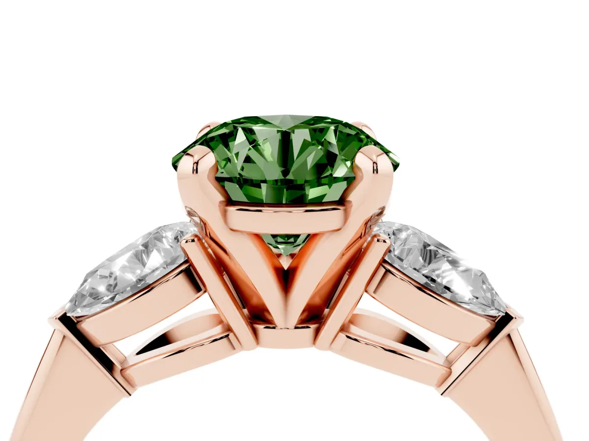 Fancy Green Three-Stone Round Cut Diamond Ring with Pear Side Stones and Four-Prong Setting Rose gold