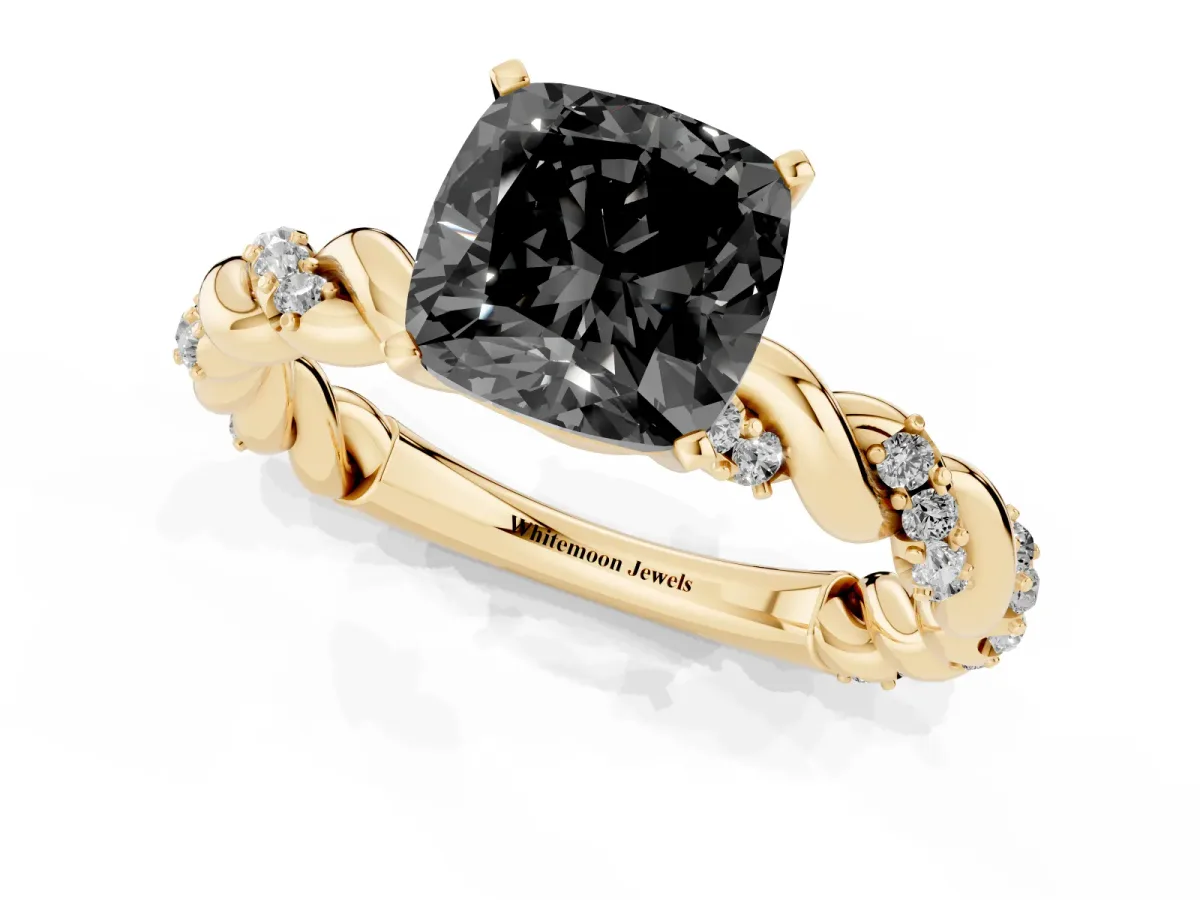 Fancy Black Cushion Cut Diamond Solitaire Ring with Twisted Band and Pavé Accents Yellow gold
