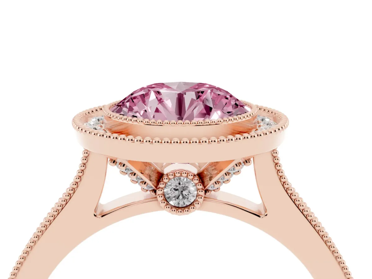 Fancy Pink Halo Round Cut-Cut Diamond Pave Band Milgrain Prong Setting Ring Rose gold