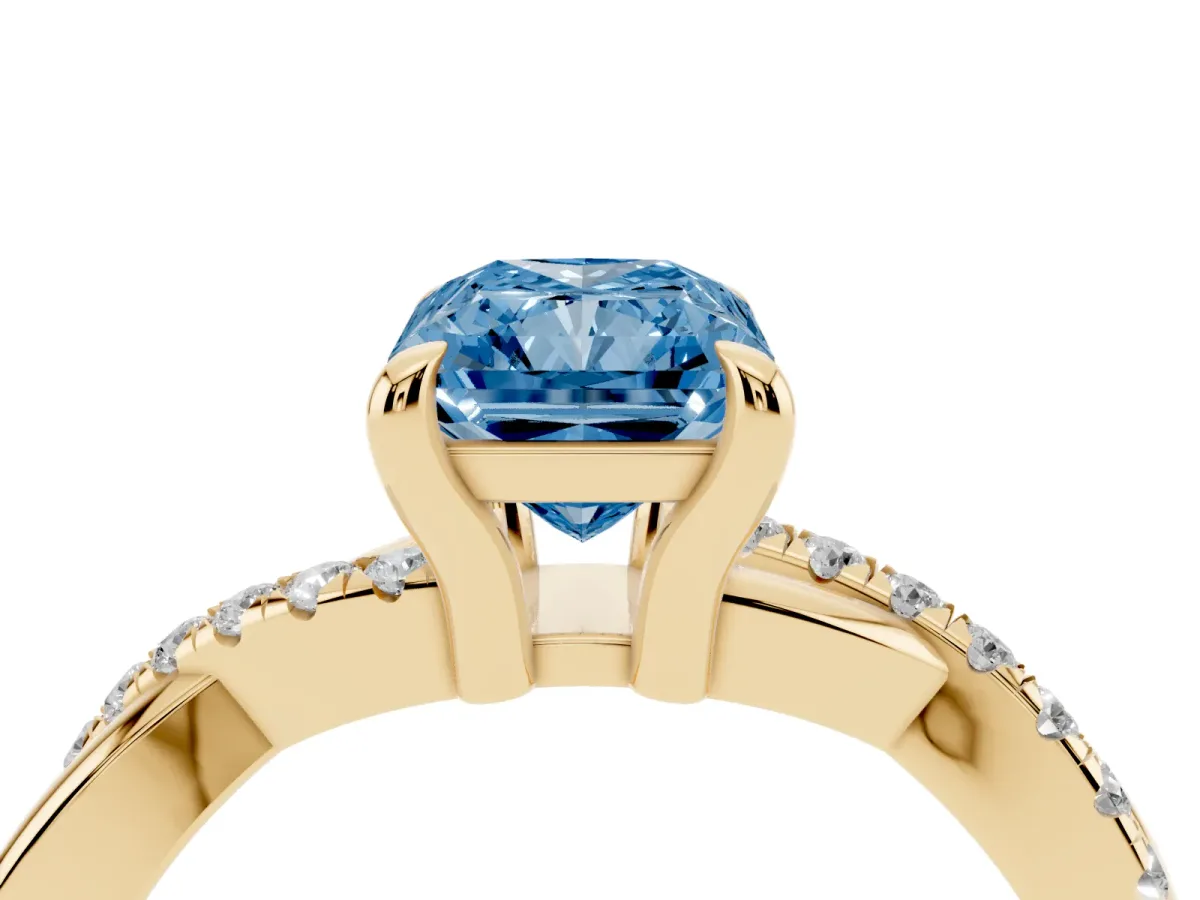 Fancy Blue Radiant Cut Cut Diamond Twist Band Solitaire with Prong Setting Yellow gold