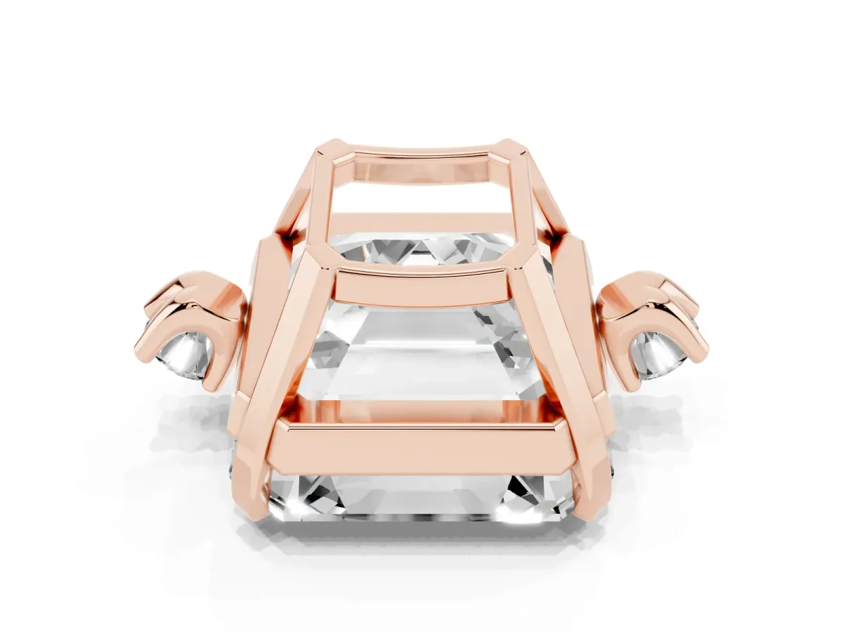 Asscher Cut Cut Three-Stone Solitaire Ring with Round Accent Diamonds and Four-Prong Setting Rose gold
