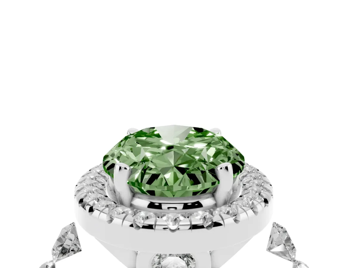 Fancy Green Oval Cut Halo Pavé Diamond Engagement Ring with Four-Prong Setting Silver