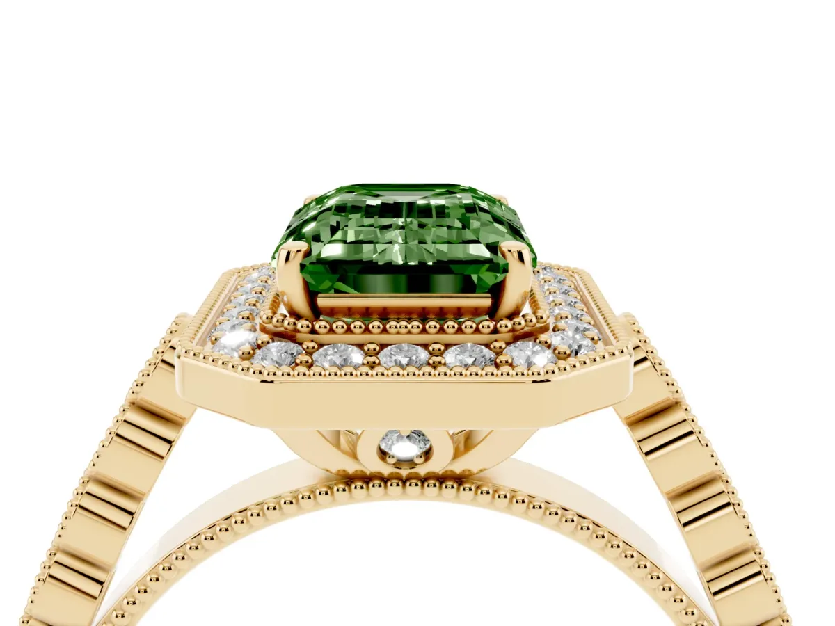 Fancy Green Emerald Cut Halo Milgrain Solitaire with Bezel Set Side Stones and Pave Band Yellow gold