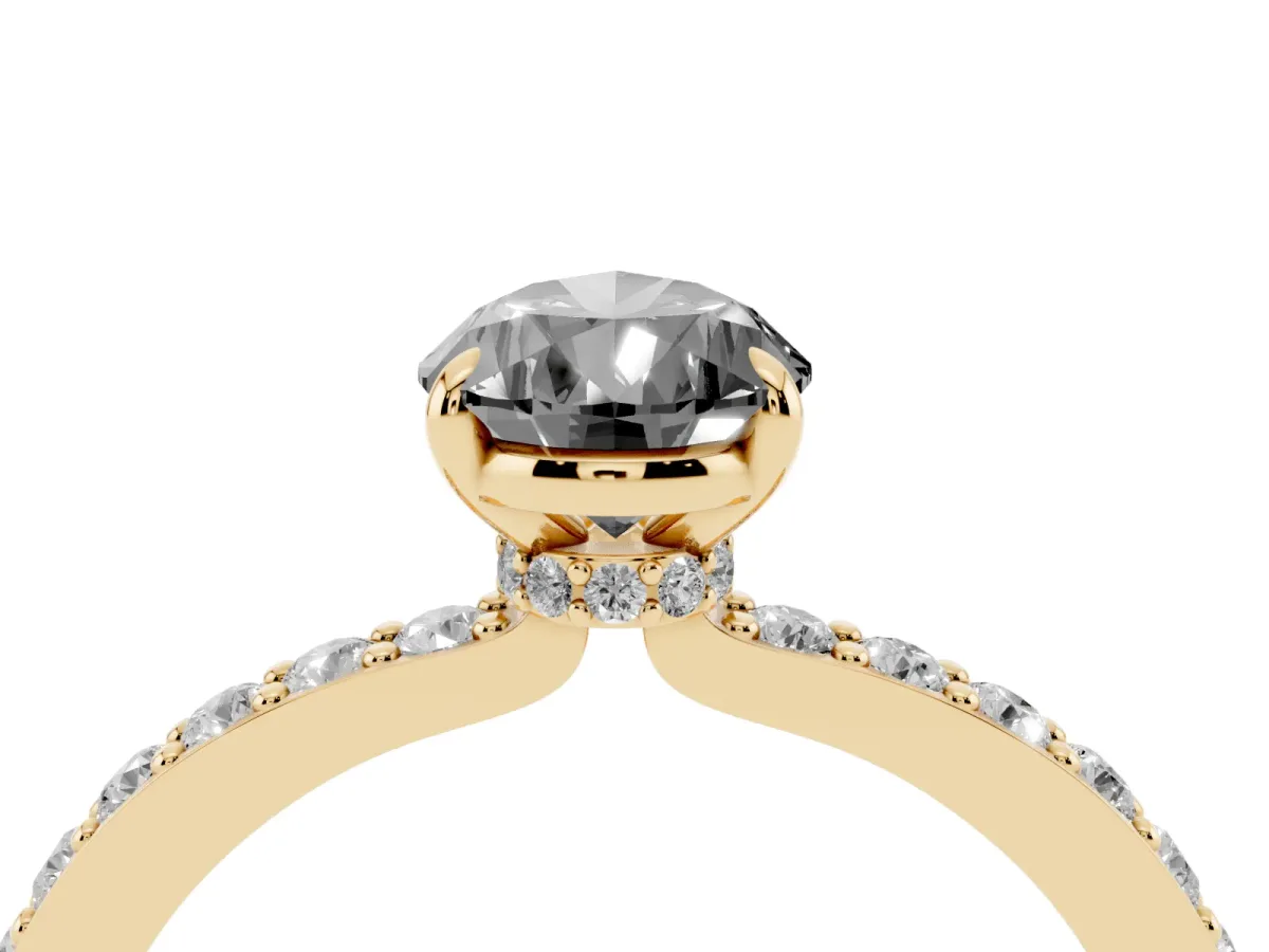 Fancy Black Pear Cut Diamond Pavé Engagement Ring with Round Accents and Prong Setting Yellow gold