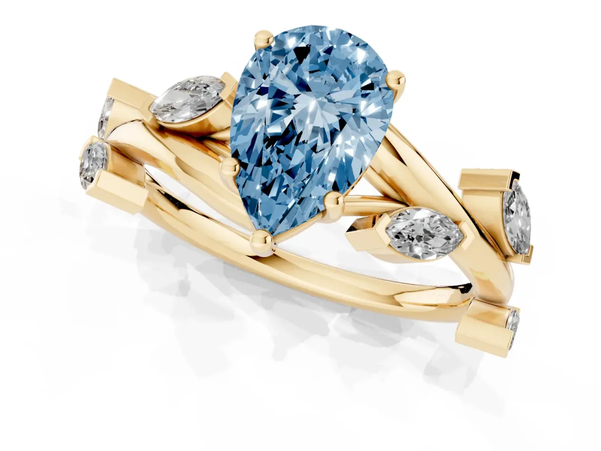 Fancy Blue Pear Cut Solitaire Twisted Band Marquise Accent Prong Setting Ring Yellow gold