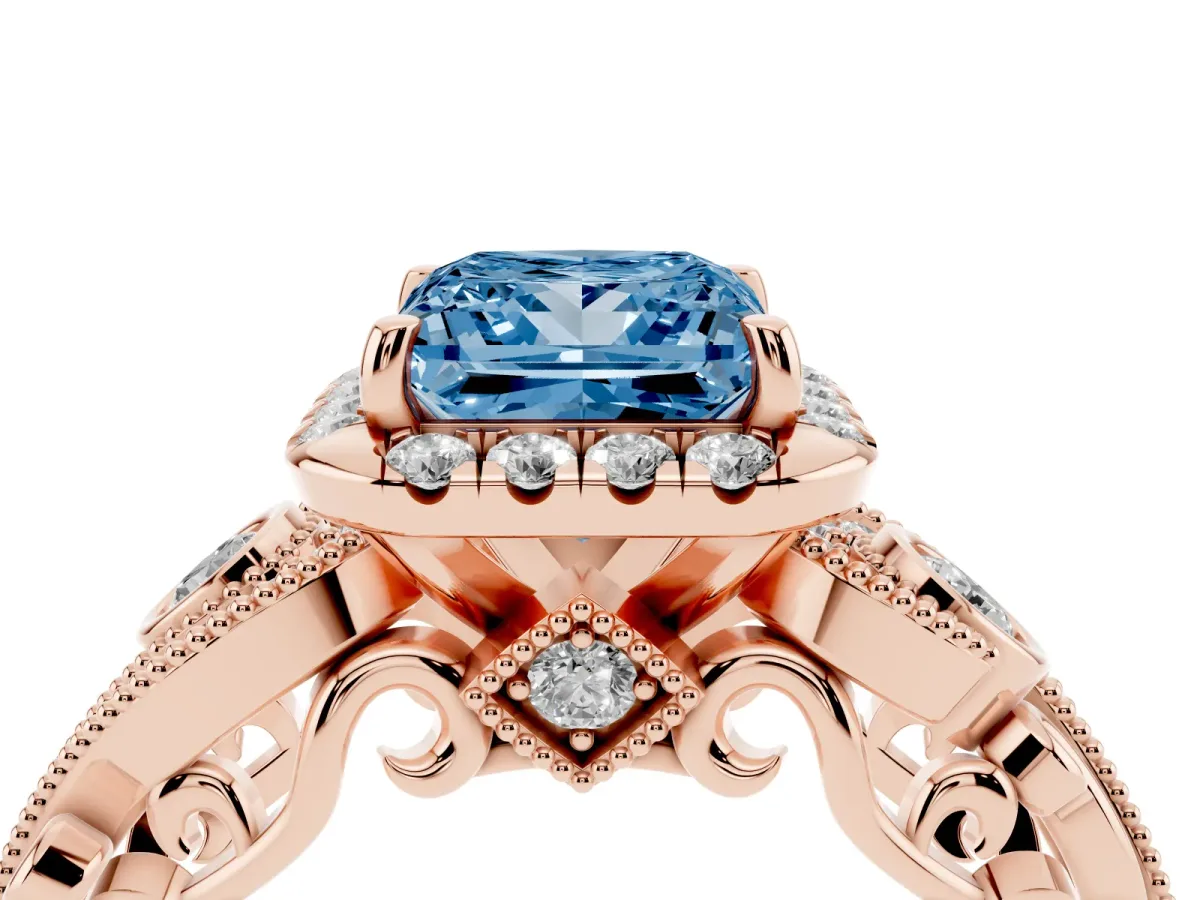 Fancy Blue Princess Cut Diamond Halo Ring with Milgrain Pavé Band and Four-Prong Setting Rose gold