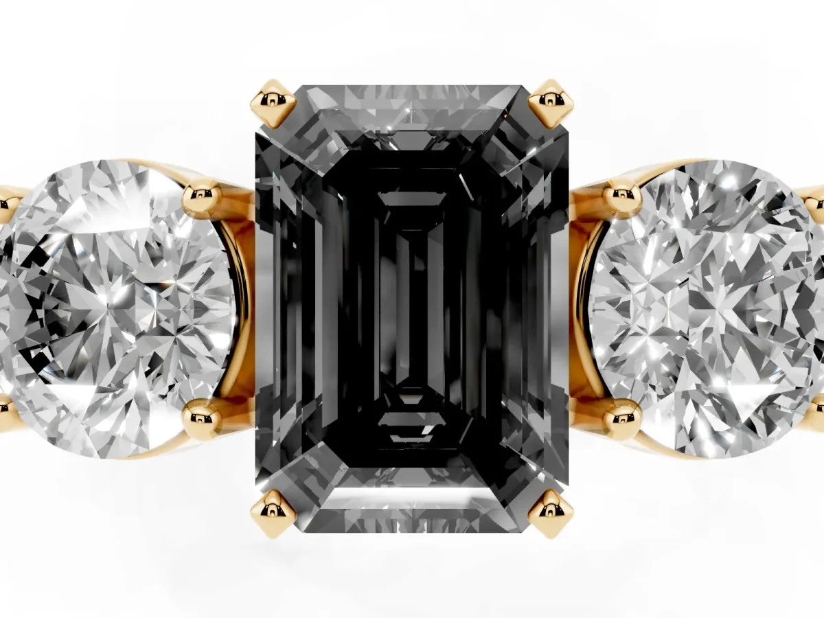 Fancy Black Three-Stone Emerald Cut Diamond Ring with Round Side Stones, Classic Band, and Four-Prong Setting Yellow gold