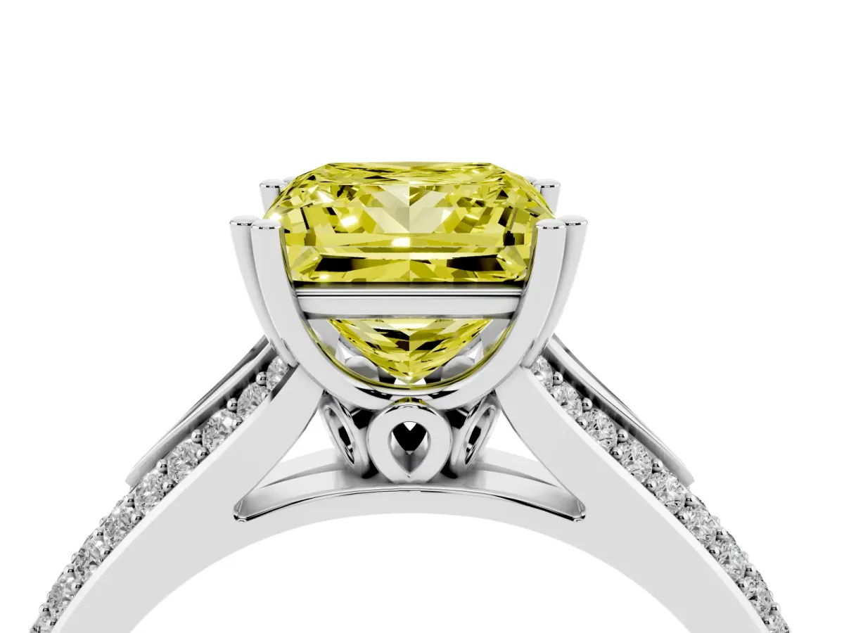 Fancy Yellow Princess Cut Diamond Split Shank Engagement Ring with Pavé Band Silver