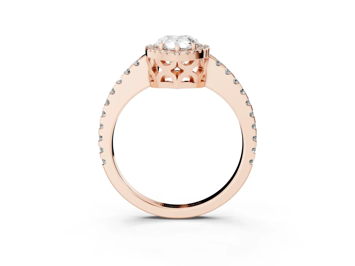 Pear Cut Diamond Halo Engagement Ring with Pavé Band and Prong Setting Rose gold