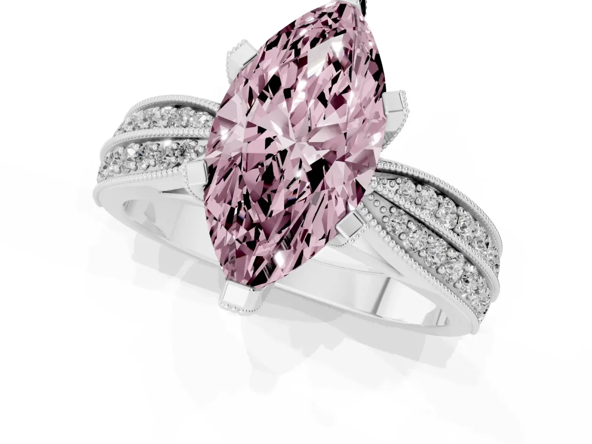 Fancy Pink Marquise Cut Diamond Solitaire Ring with Milgrain Round Pavé Band and Prong Setting Platinum