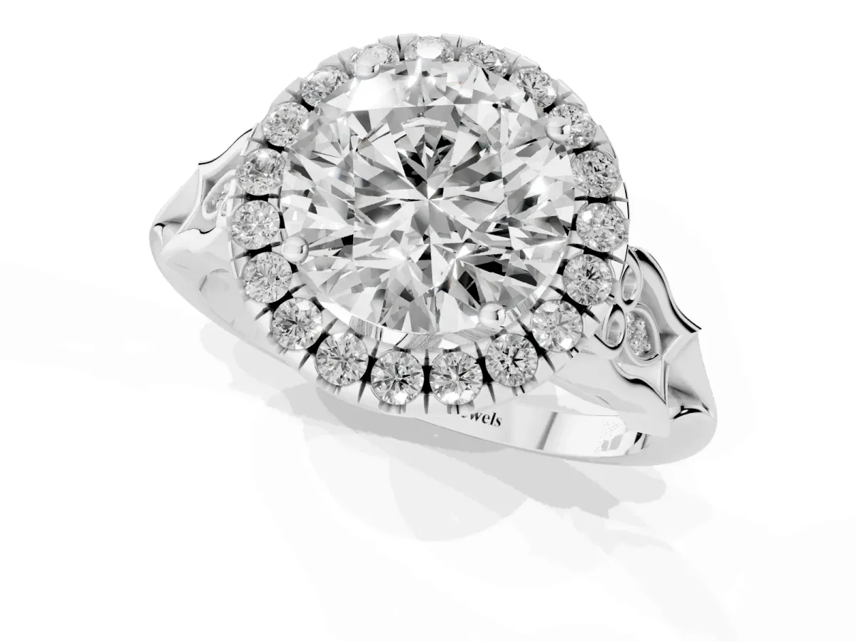 Round Cut Halo Diamond Engagement Ring with Filigree Band and Four-Prong Setting White gold