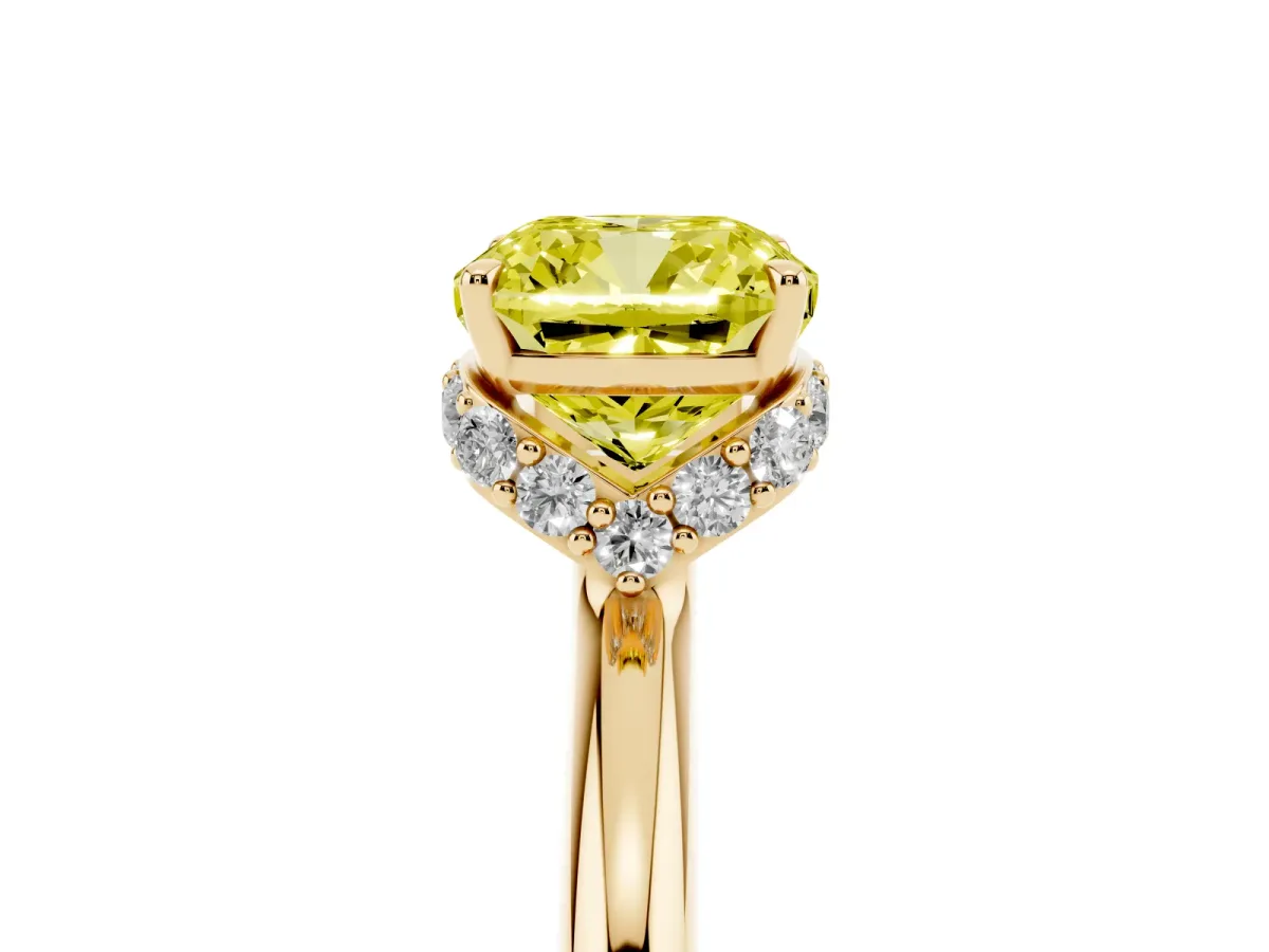 Fancy Yellow Cushion Cut Brilliant Solitaire Engagement Ring with Six-Prong Setting and Classic Band Yellow gold