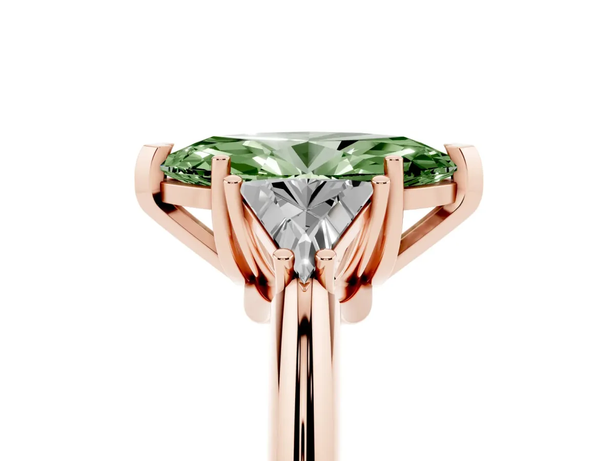 Fancy Green Three-Stone Marquise Cut Diamond Engagement Ring with Trillion Side Stones and Prong Setting Rose gold