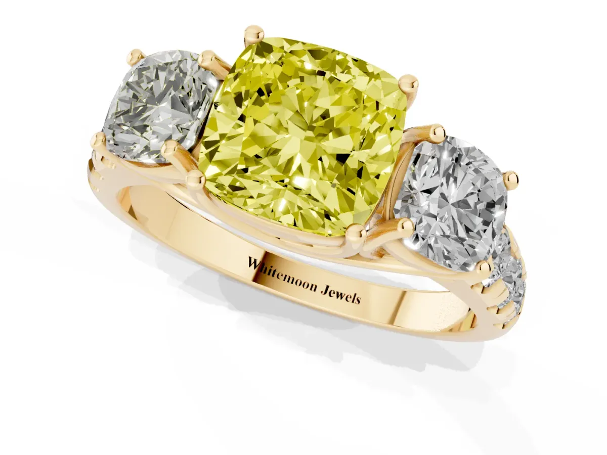 Fancy Yellow Three-Stone Cushion Cut Diamond Pavé Band with Prong Setting Yellow gold