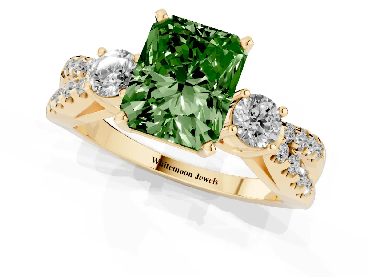 Fancy Green Radiant Cut Diamond Three-Stone Ring with Pavé Split Shank and Four-Prong Setting Yellow gold