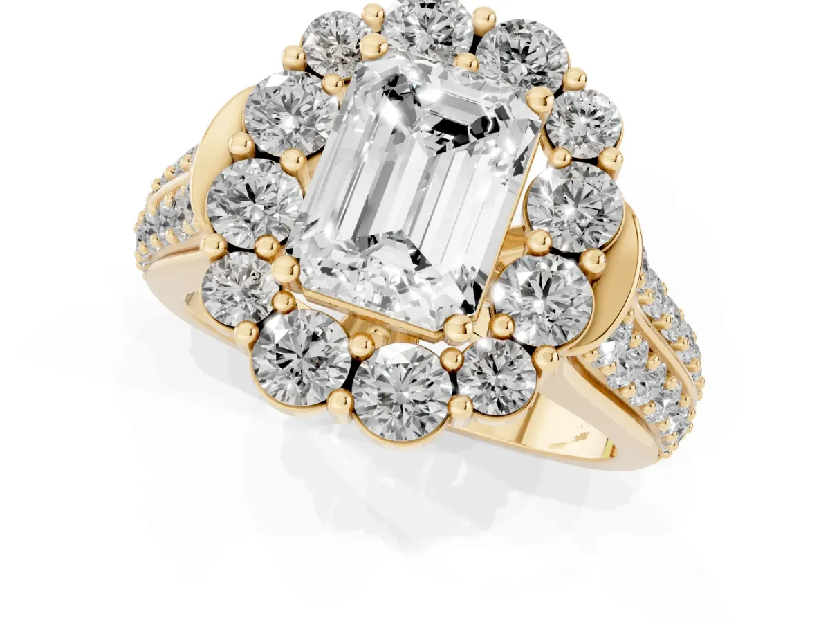 Emerald Cut Halo Diamond Engagement Ring with Split Shank and Prong Setting Yellow gold