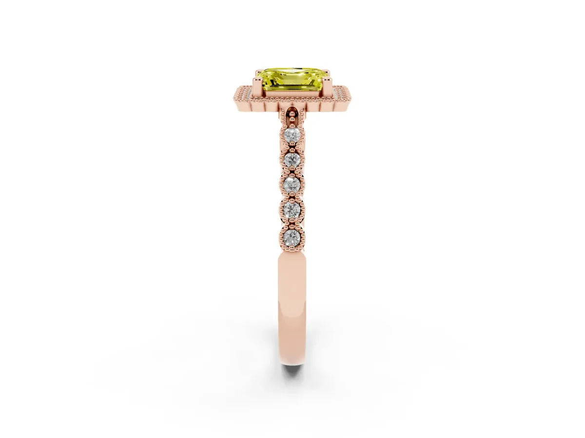 Fancy Yellow Asscher Cut Cut Halo Pavé Solitaire Ring with Milgrain Band Rose gold