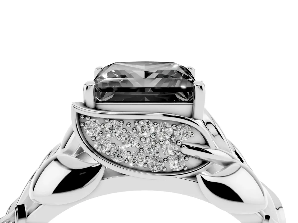 Fancy Black Princess Cut Diamond Leaf-Inspired Engagement Ring with Round Accents and Prong Setting Silver