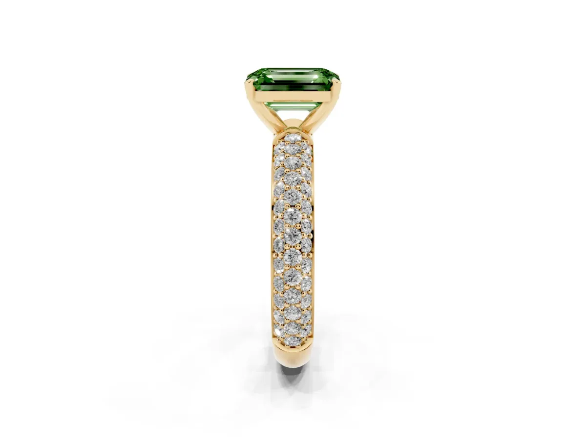 Fancy Green Emerald Cut Diamond Solitaire Ring with Prong Setting and Pavé Band Yellow gold