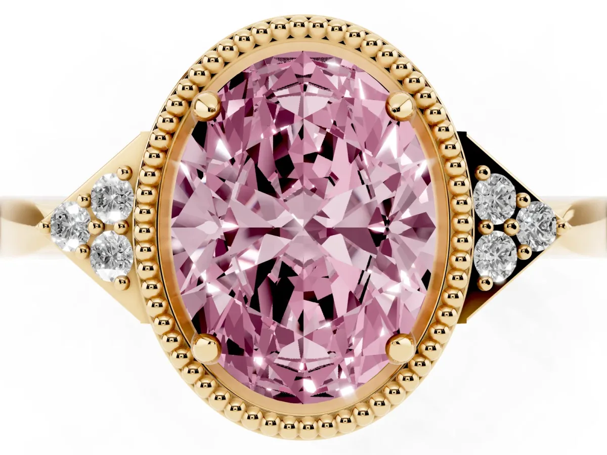 Fancy Pink Oval Cut Diamond Halo Ring with Tapered Band and Four-Prong Setting Yellow gold