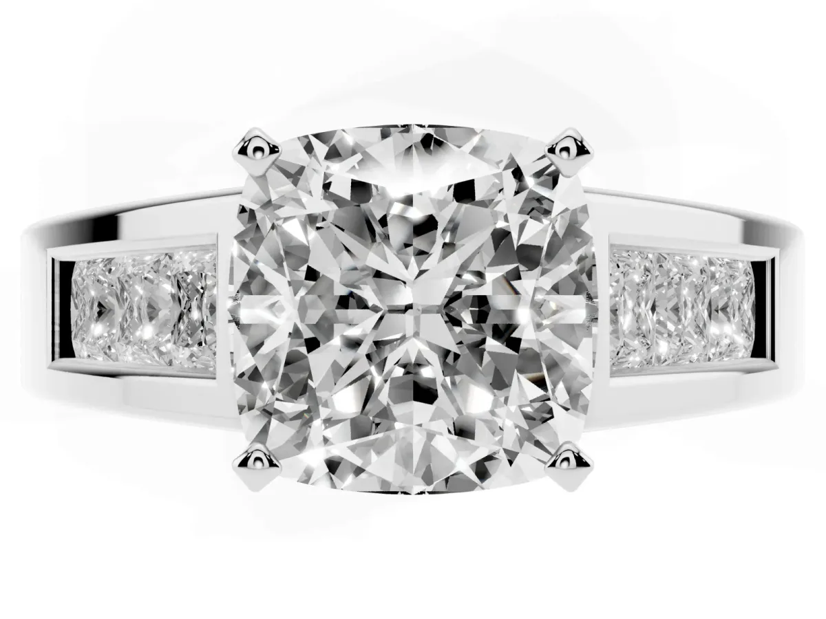 Cushion Cut Cut Channel Set Solitaire Ring with Four-Prong Setting Platinum