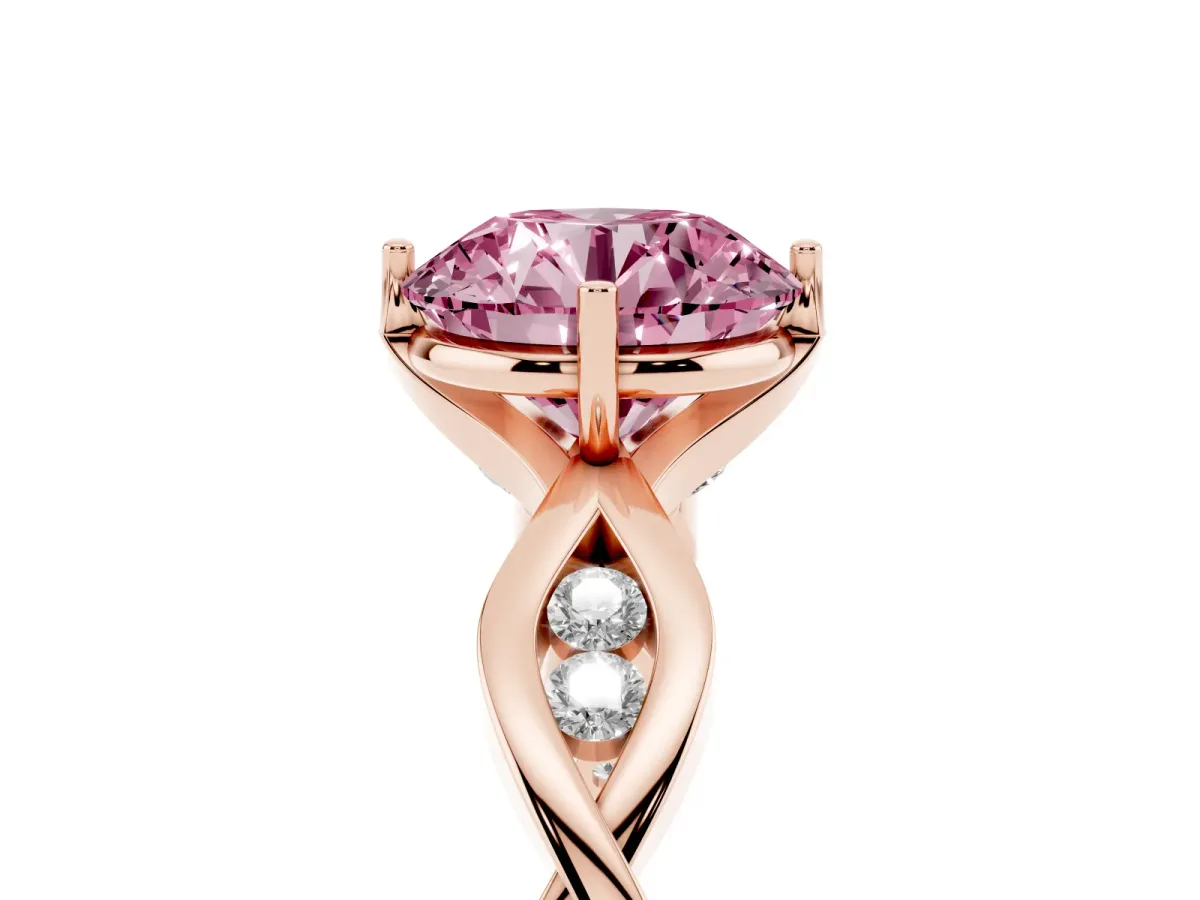 Fancy Pink Round Cut Solitaire Twist Band with Leaf Prong Setting Rose gold