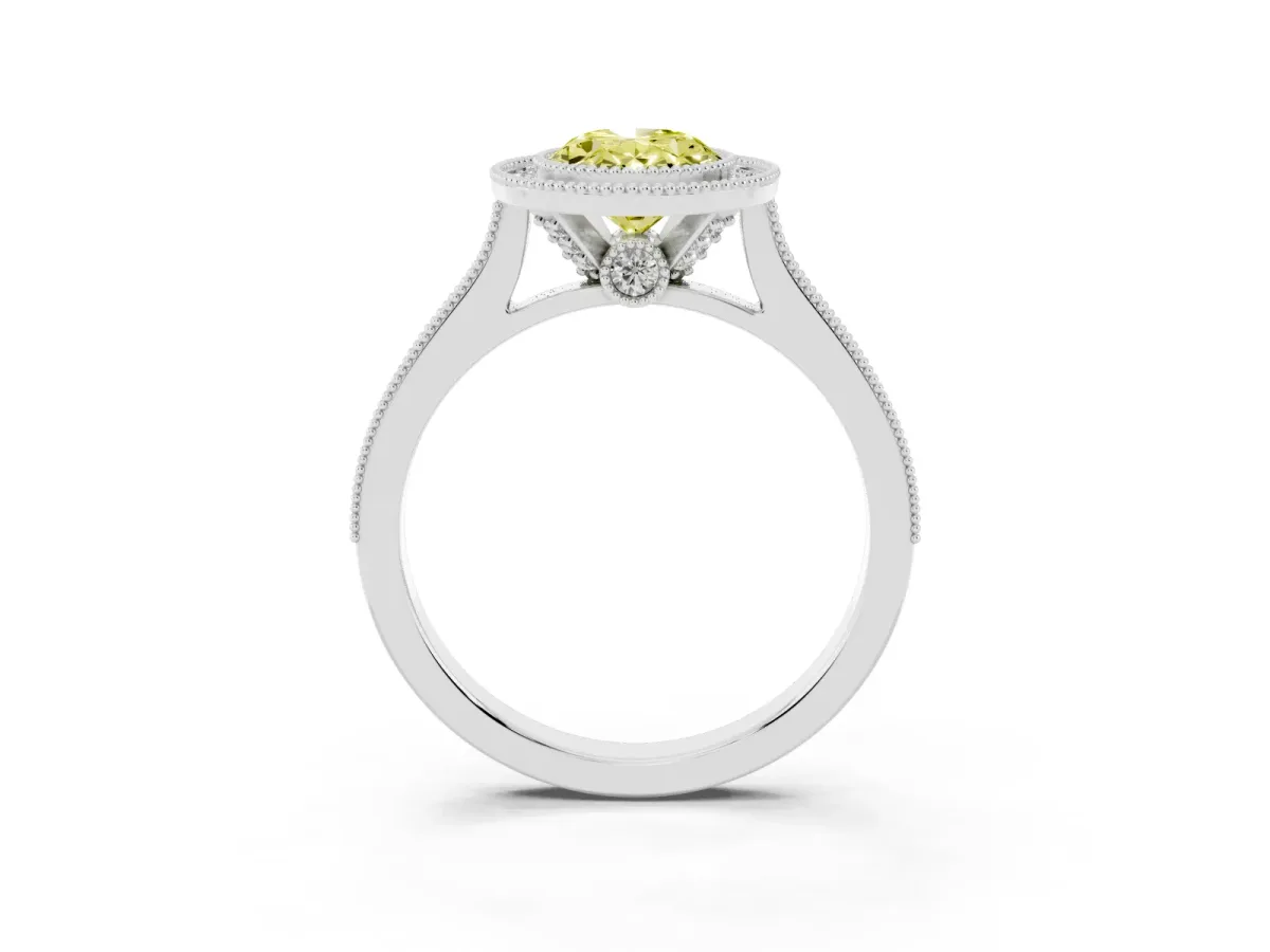 Fancy Yellow Halo Oval Cut-Cut Diamond Pave Band Milgrain Prong Setting Ring Silver