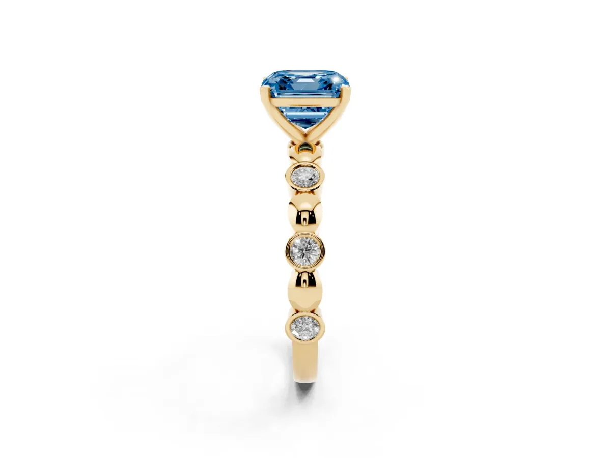 Fancy Blue Asscher Cut Solitaire Bezel-Set Diamond Ring with Beaded Band and Four-Prong Setting Yellow gold