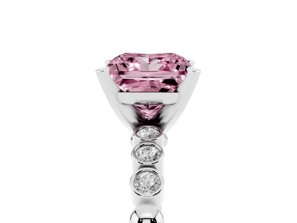 Fancy Pink Princess Cut Solitaire Bezel Accent Diamond Engagement Ring with Beaded Band and Four-Prong Setting Silver