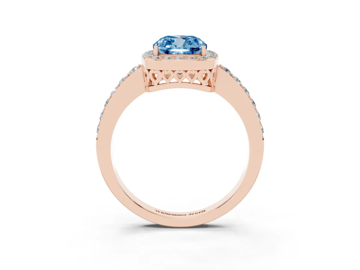 Fancy Blue Cushion Cut Halo Diamond Pavé Band Ring with Prong Setting Rose gold