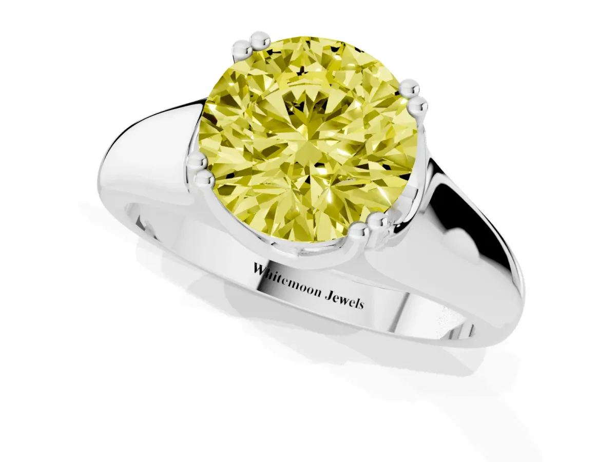 Fancy Yellow Round Cut Diamond Solitaire Ring with Wide Band and Prong Setting Silver