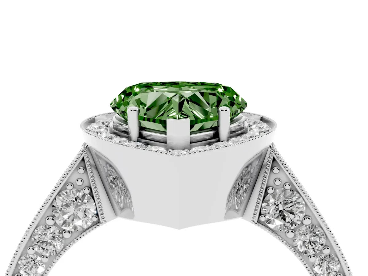 Fancy Green Heart Cut Halo Diamond Engagement Ring with Split Shank Band and Four-Prong Setting Silver