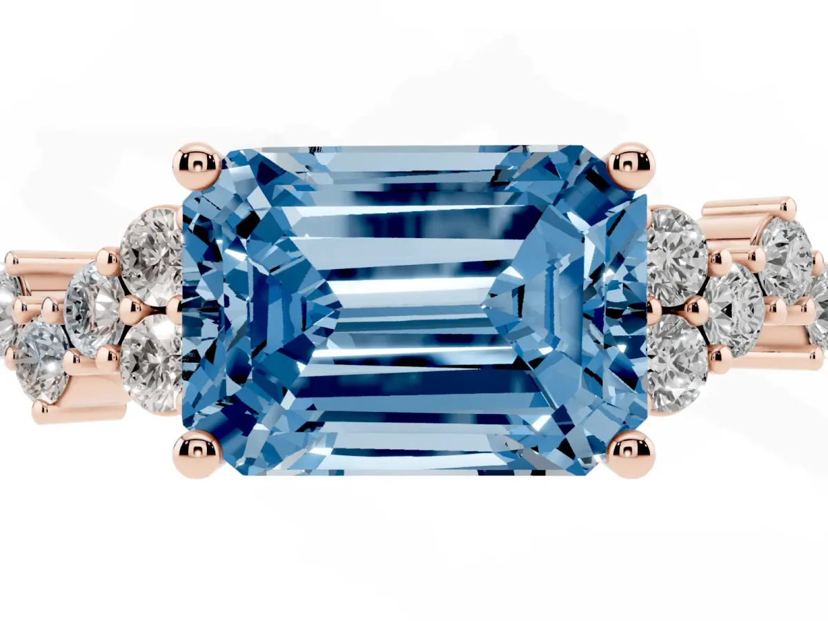 Fancy Blue Emerald Cut Diamond Scattered Round Accent Ring with Prong Setting Rose gold