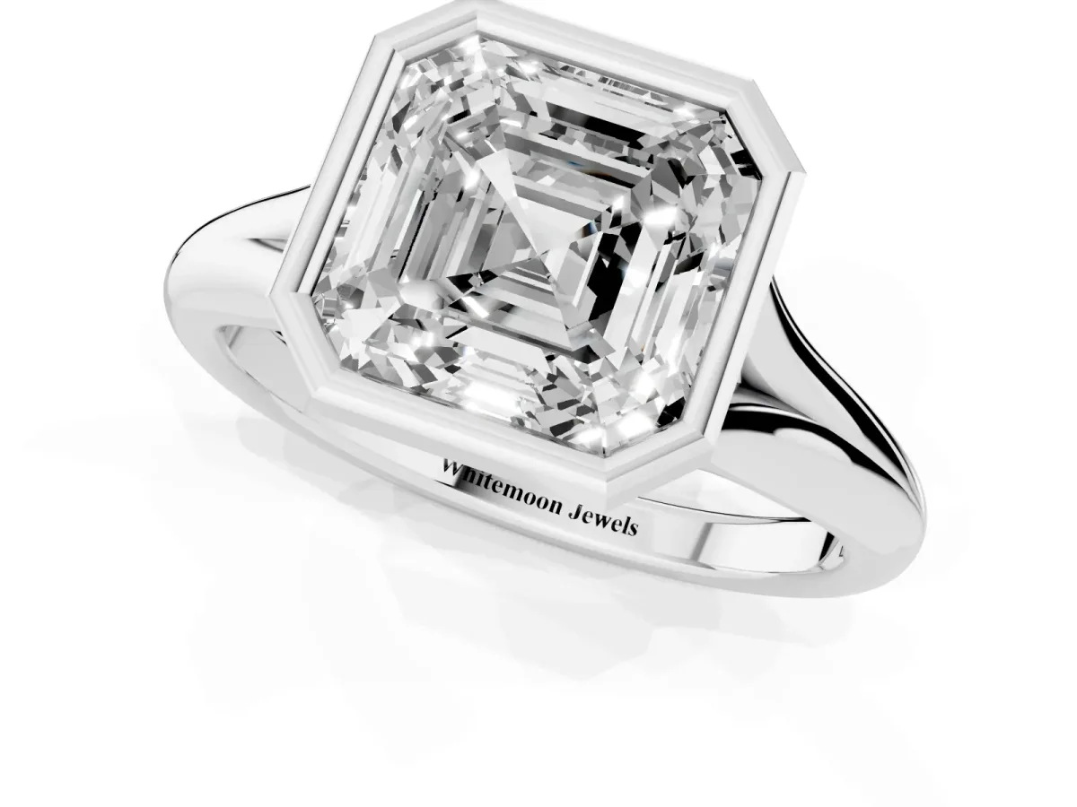 Bezel Set Asscher Cut Solitaire Diamond Ring with Smooth Band White gold
