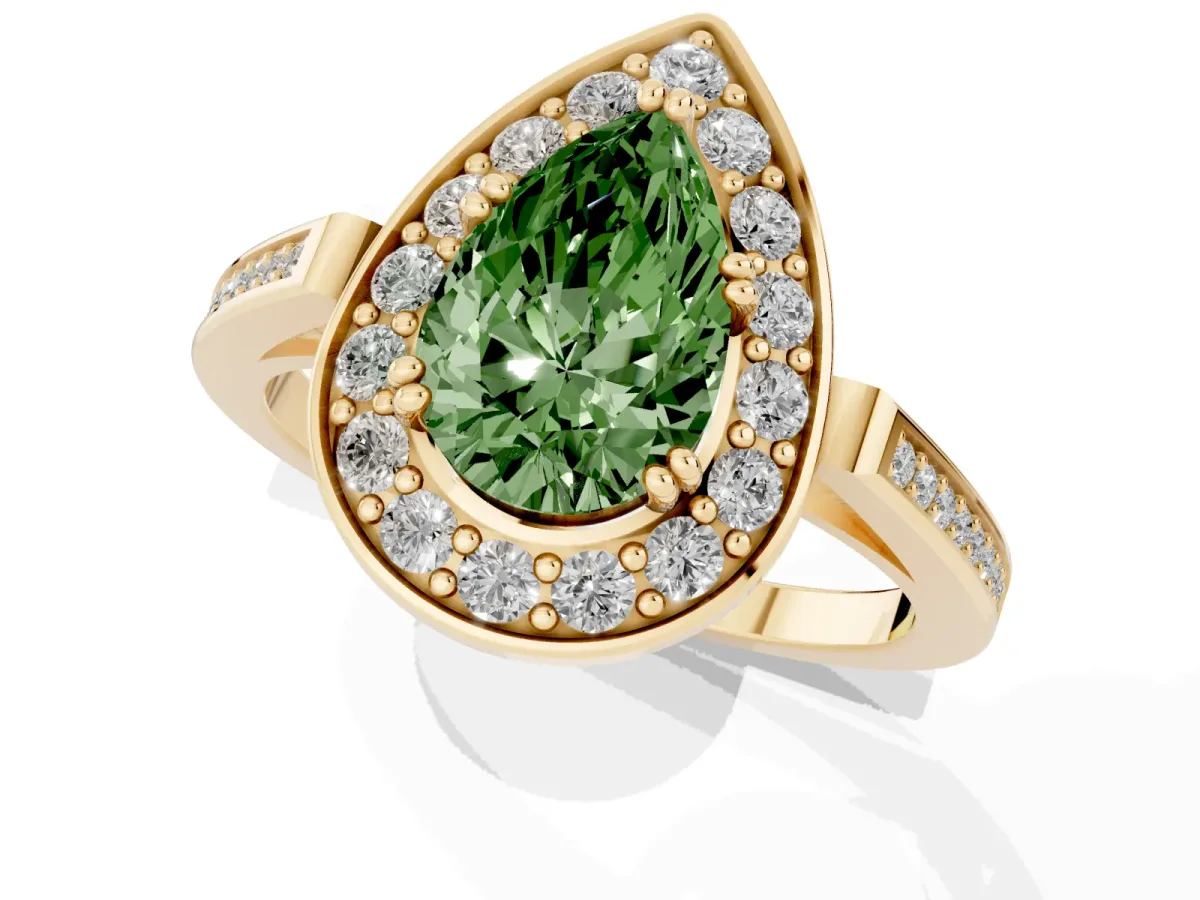Fancy Green Pear Cut Diamond Halo Ring with Split Shank and Four-Prong Setting Yellow gold