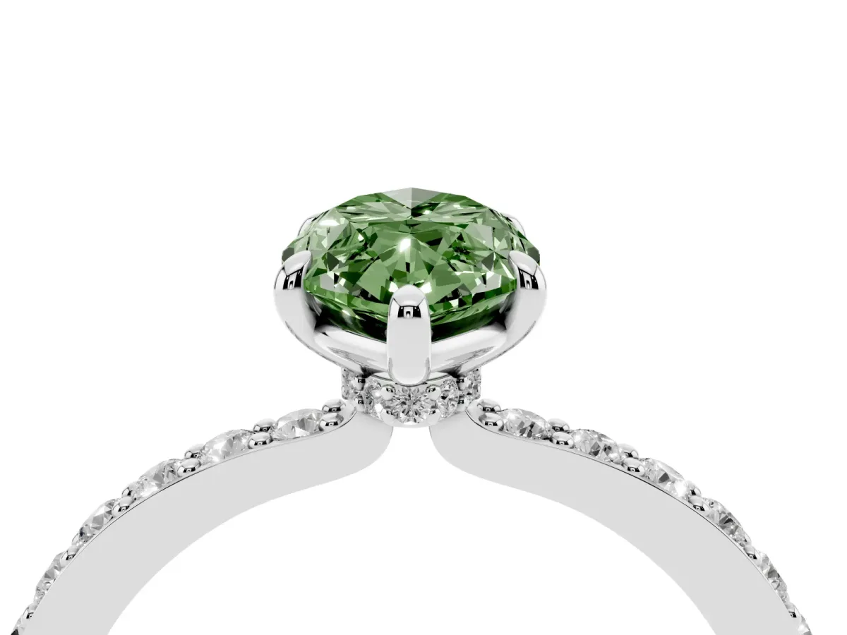 Fancy Green Marquise Cut Diamond Pavé Engagement Ring with Round Accents and Prong Setting Platinum