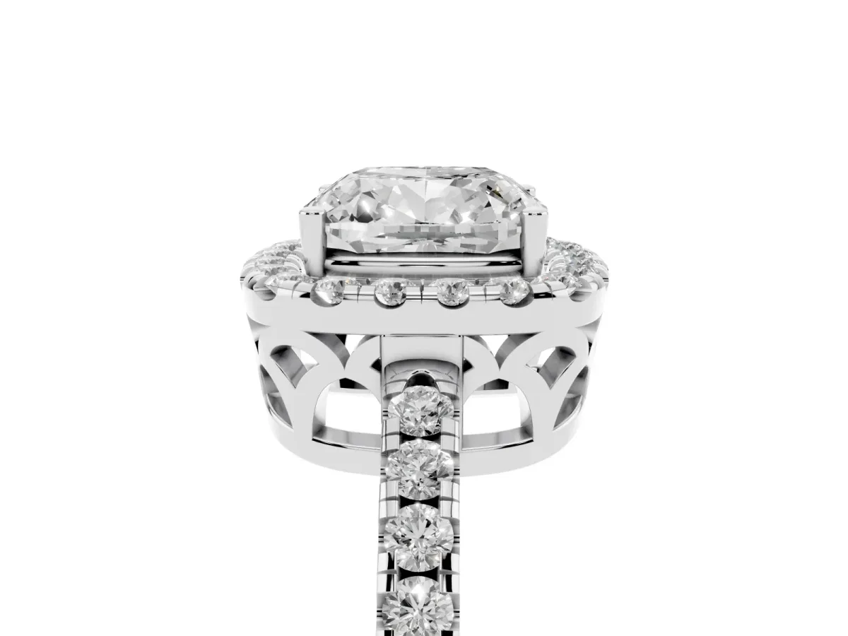 Cushion Cut Halo Diamond Engagement Ring with Pavé Band and Four-Prong Setting Silver