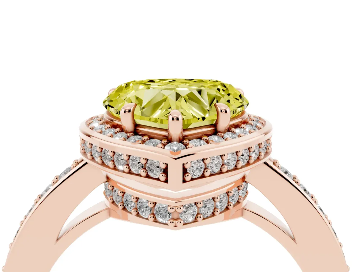 Fancy Yellow Heart Cut Halo Pave Band Solitaire Ring with Prong Setting Rose gold