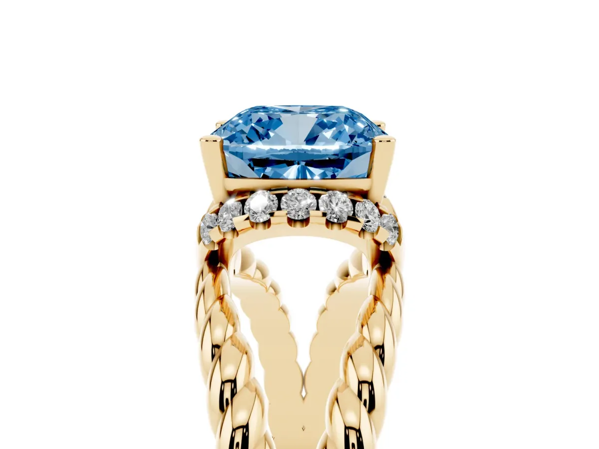 Fancy Blue Cushion Cut Halo Twisted Band Four-Prong Ring Yellow gold