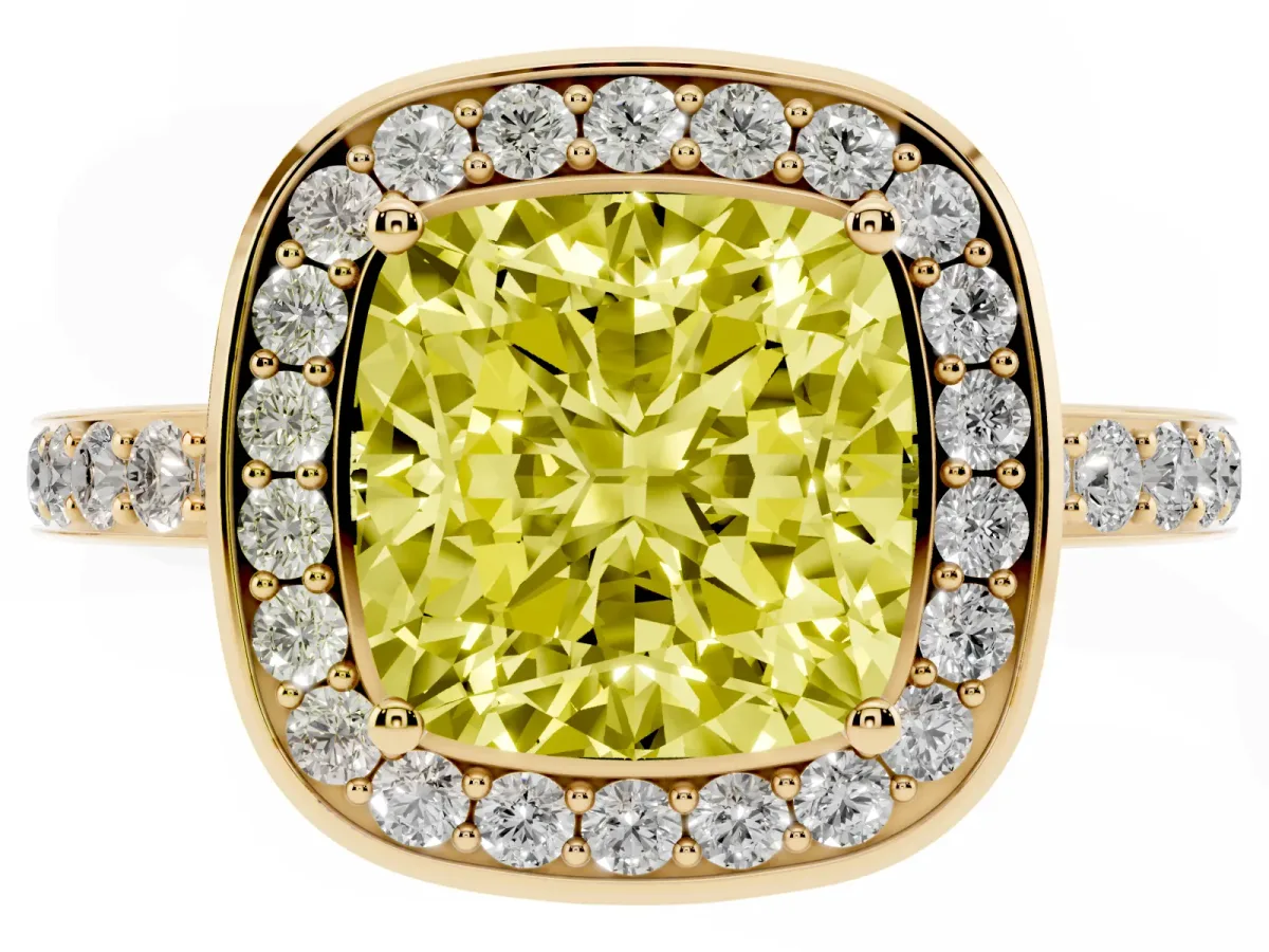 Fancy Yellow Cushion Cut Diamond Halo Ring with Bezel Frame and Pavé Band Yellow gold