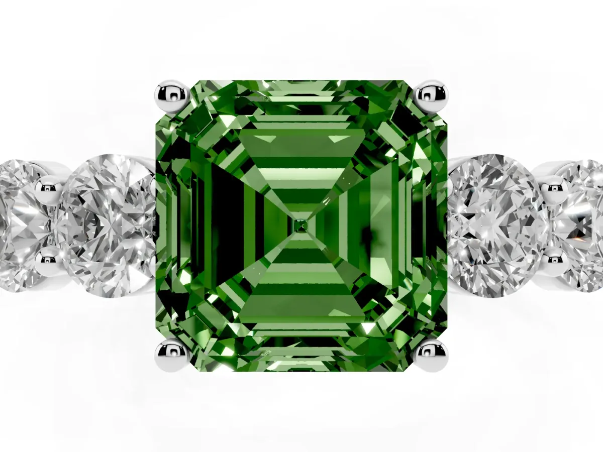 Fancy Green Asscher Cut Cut Five-Stone Prong Set Diamond Ring with Classic Band White gold