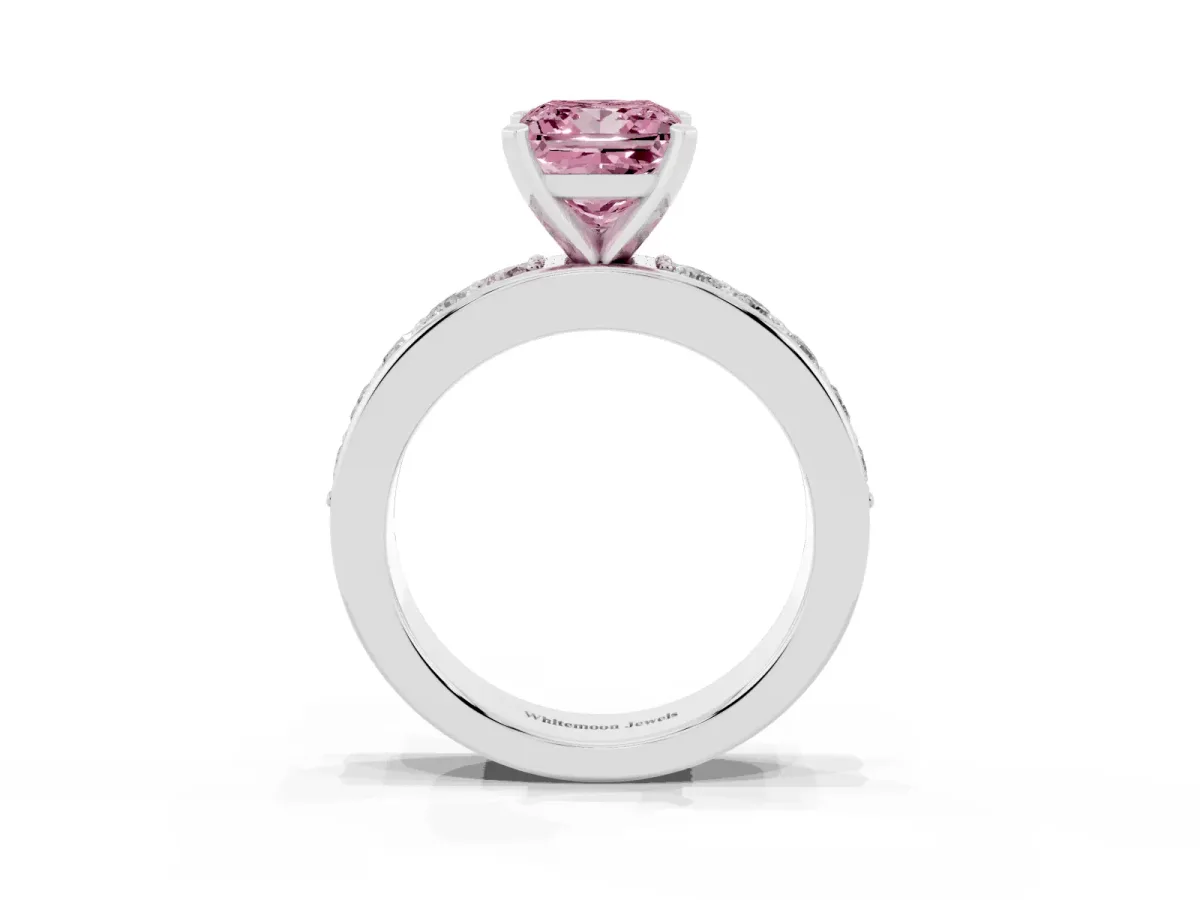 Fancy Pink Princess Cut Diamond Engagement Ring with Channel Set Round Band and Prong Setting Silver
