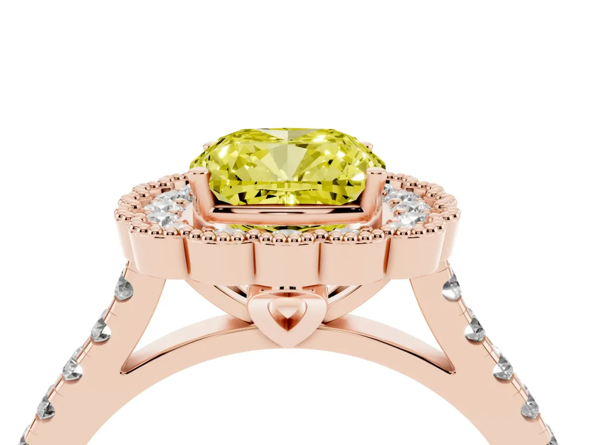 Fancy Yellow Cushion Cut Cut Diamond Milgrain Floral Halo Engagement Ring with Pavé Band Rose gold