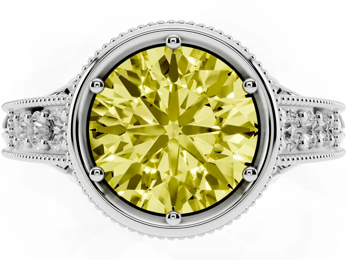 Fancy Yellow Bezel Set Round Cut Diamond Milgrain Pave Engagement Ring Silver