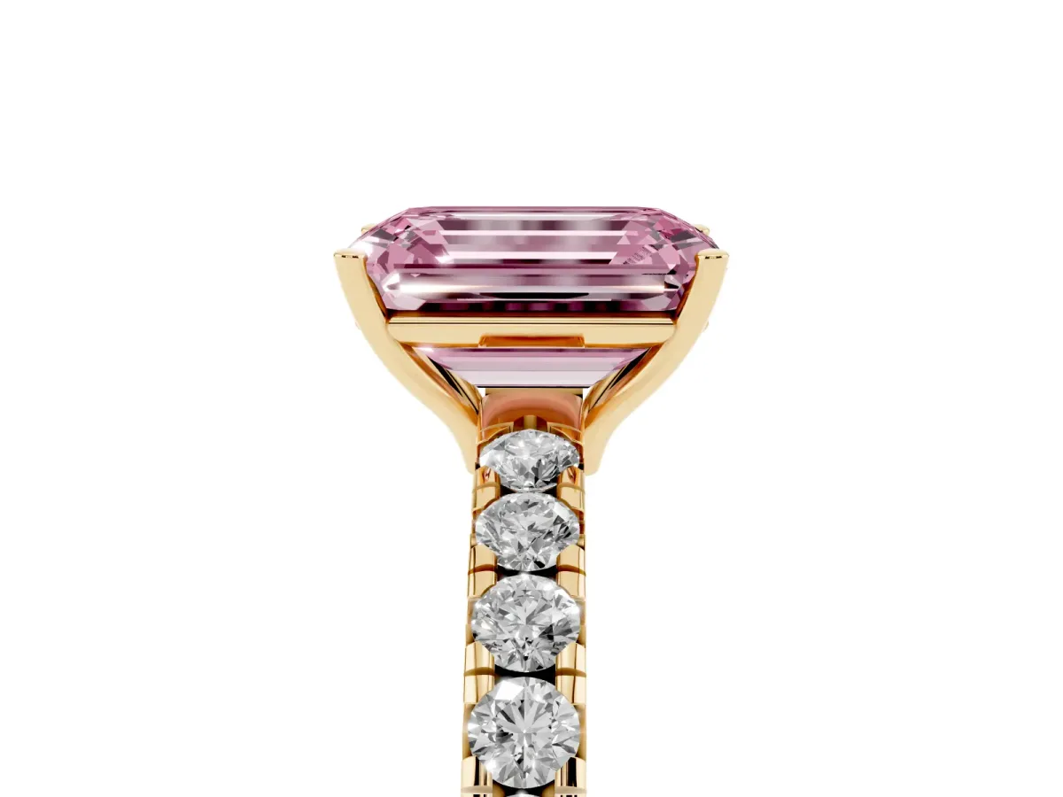 Fancy Pink Emerald Cut Diamond Pavé Solitaire Engagement Ring with Four-Prong Setting Yellow gold