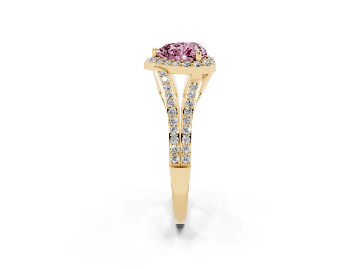 Fancy Pink Heart Cut Halo Split Shank Diamond Ring with Prong Setting Yellow gold