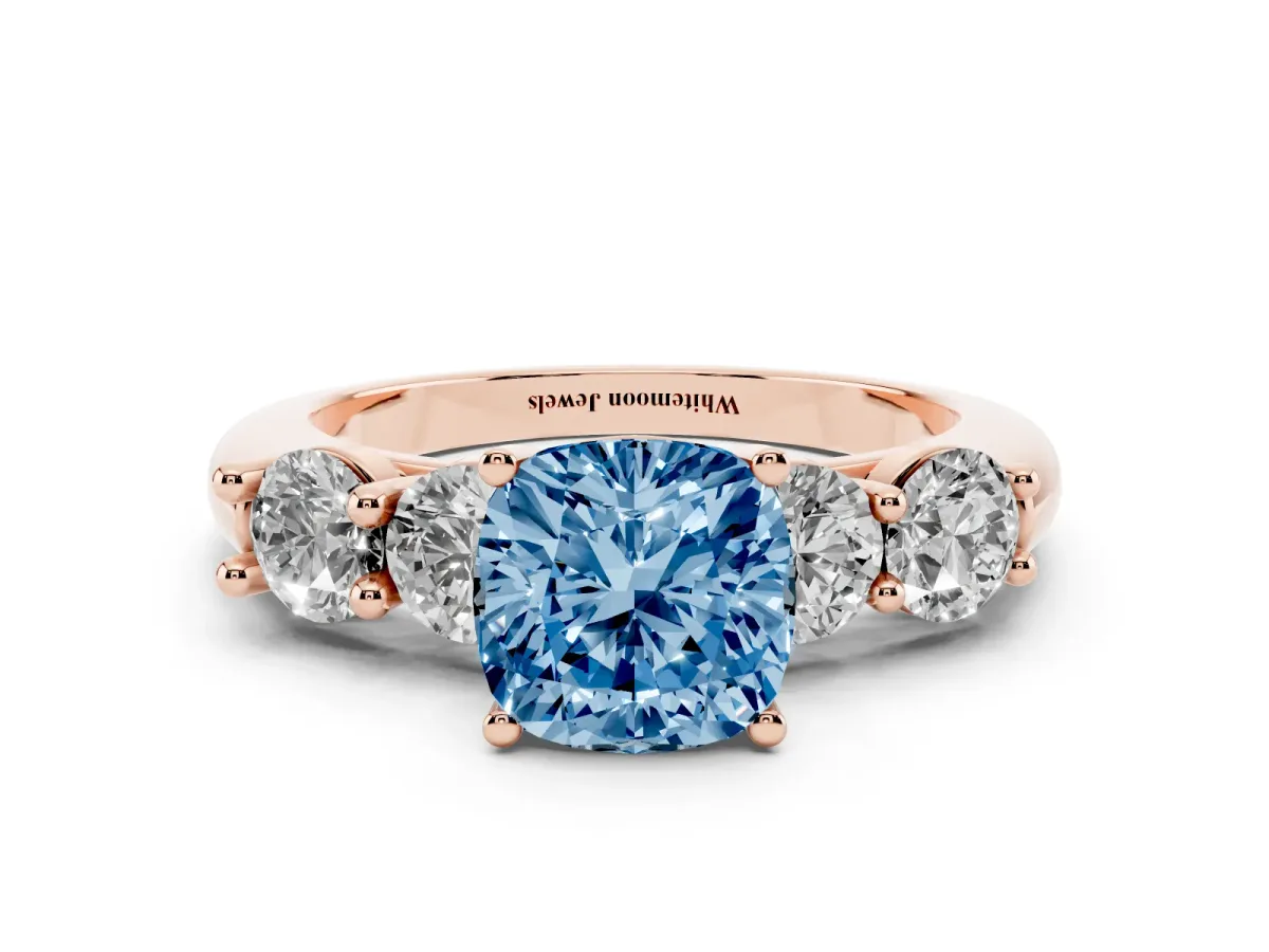 Fancy Blue Cushion Cut Cut Five-Stone Prong Set Diamond Ring with Classic Band Rose gold