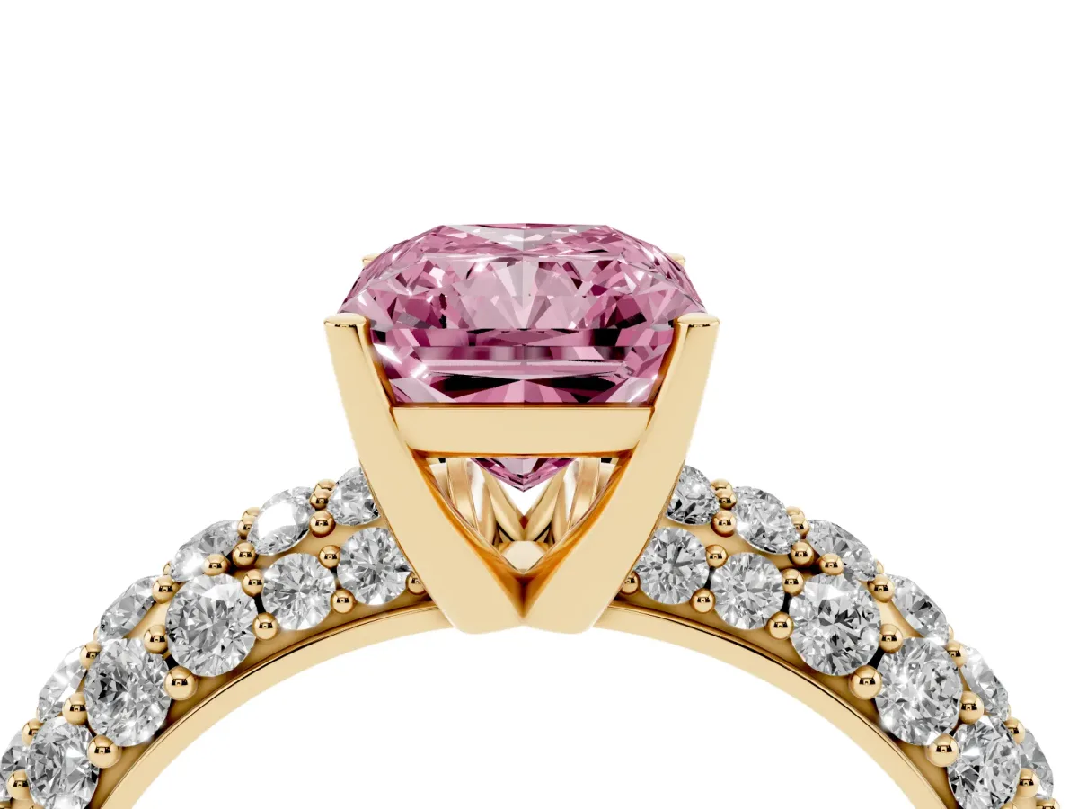 Fancy Pink Radiant Cut Diamond Pavé Band Solitaire Ring with Four-Prong Setting Yellow gold